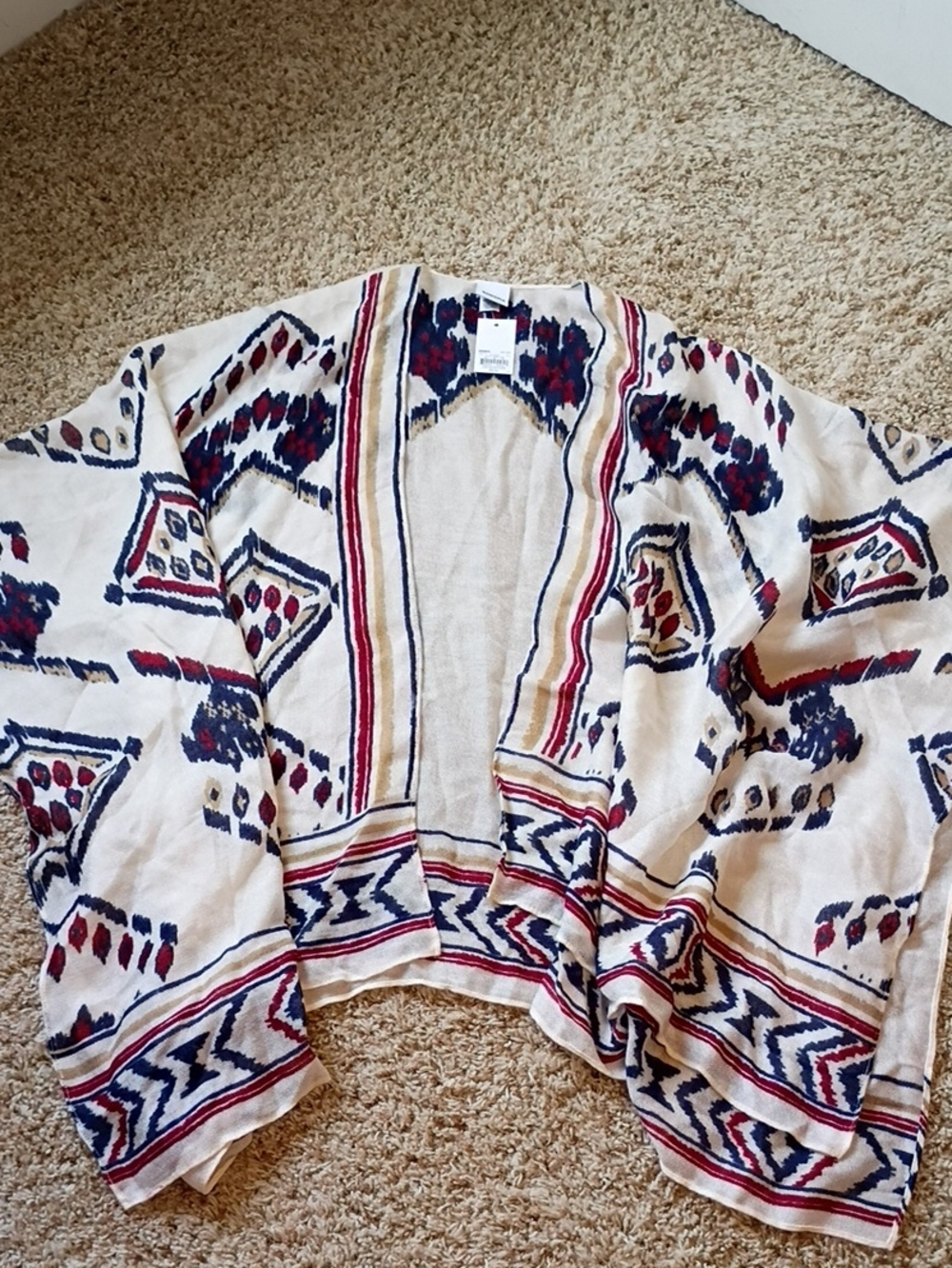 Sonoma Cream Open-Front Jacket with Navy & Burgundy Geometric Print